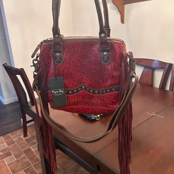 Myra  Red and Fringe Shoulder Bag - Picture 3 of 5